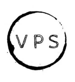 A pen and ink drawing of a coffee cup impression with the letters V-P-S inside it