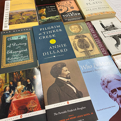 Books displayed on a table.