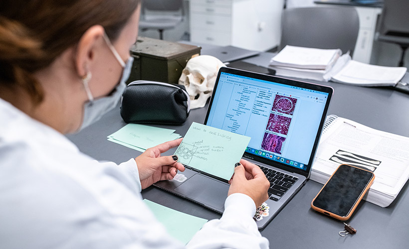 A student works on the computer in the anatomy lab.