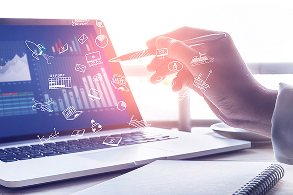 laptop with data charts on screen overlayed with statistical and data science icons 