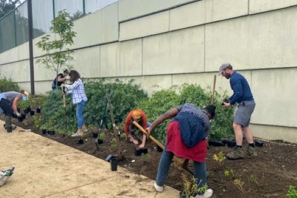 Members of CBEST planting a pollinator garden near Mendel Hall.