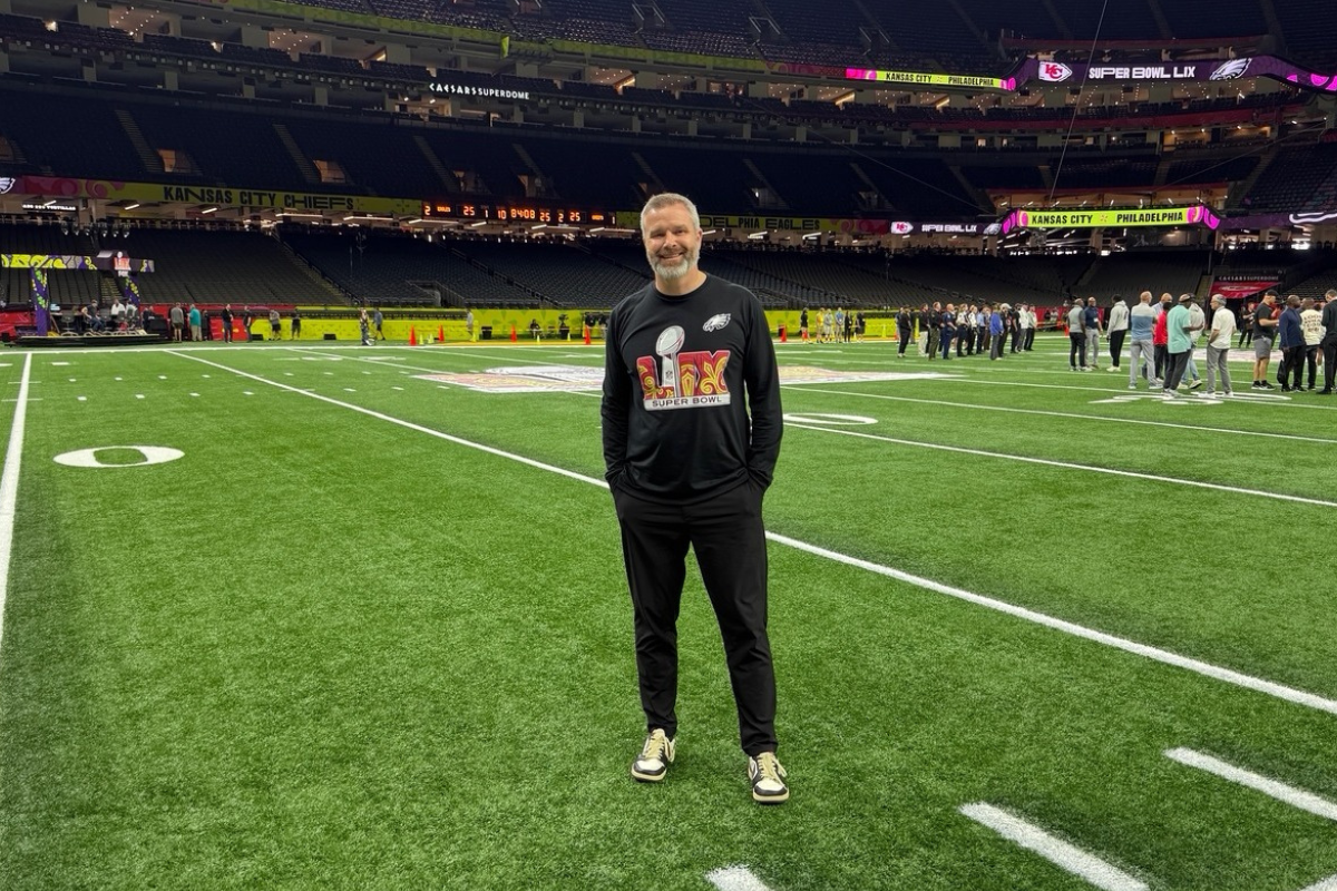 Eagles Football Team VP of Marketing Brian Papson on the field after the Eagles Super Bowl Win