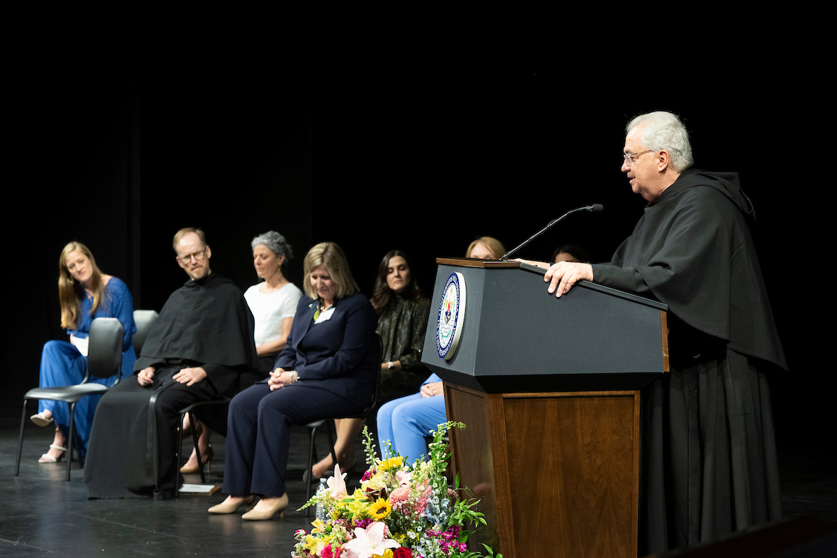 Villanova University President the Rev. Peter M. Donohue, PhD, '75 CLAS speaking at the Evening of Celebration