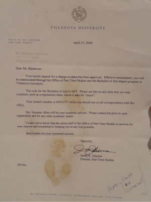 Rome Hardaway's letter of matriculation