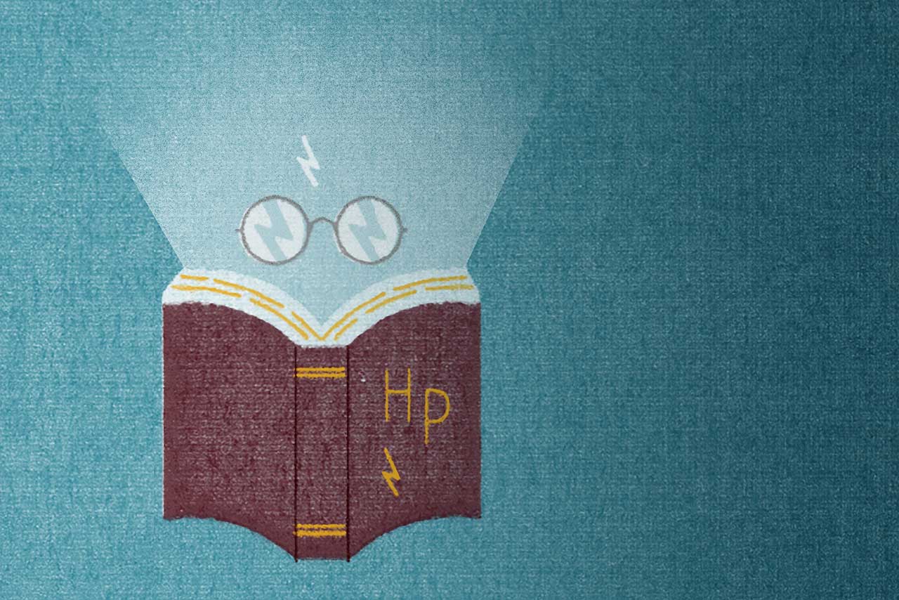 illustration of Harry Potter lightning bolt, glasses and opened book