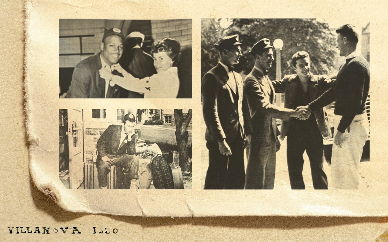 Three archival black and white photos of first-year students at Villanova.