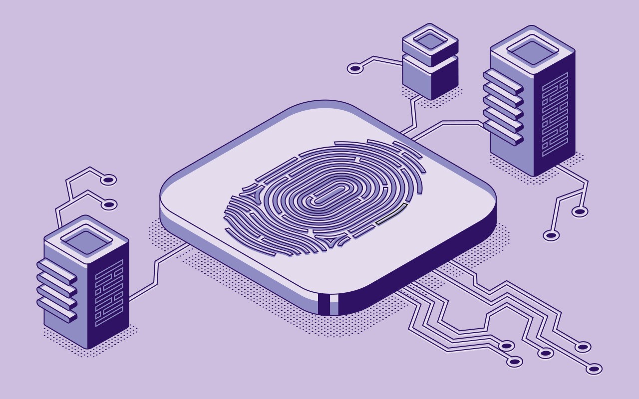 Biometrics blockchain technology vector illustration of digital fingerprint security for cryptocurrency concept.