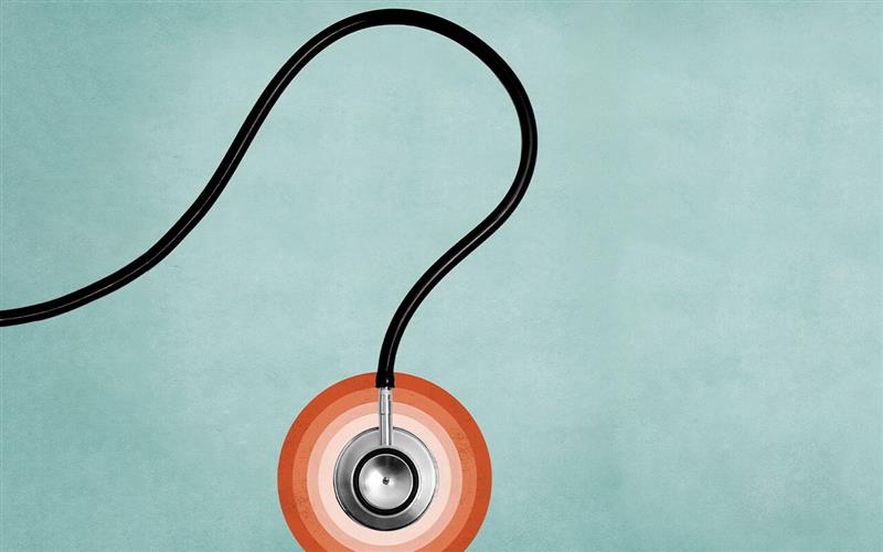 Illustration of a stethoscope shaped like a question mark with a red bullseye on a blue-green background, for a CPR feature story.