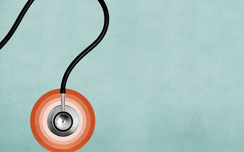 Illustration of a stethoscope shaped like a question mark with a red bullseye on a blue-green background, for a CPR feature story.