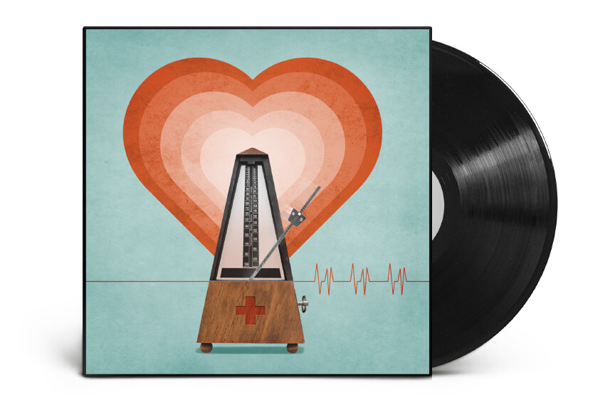 Illustration of a record album with a heart in red ombre tones, a metronome featuring a red cross, and a heartbeat line across it; the record peeks out from the blue-green cover.