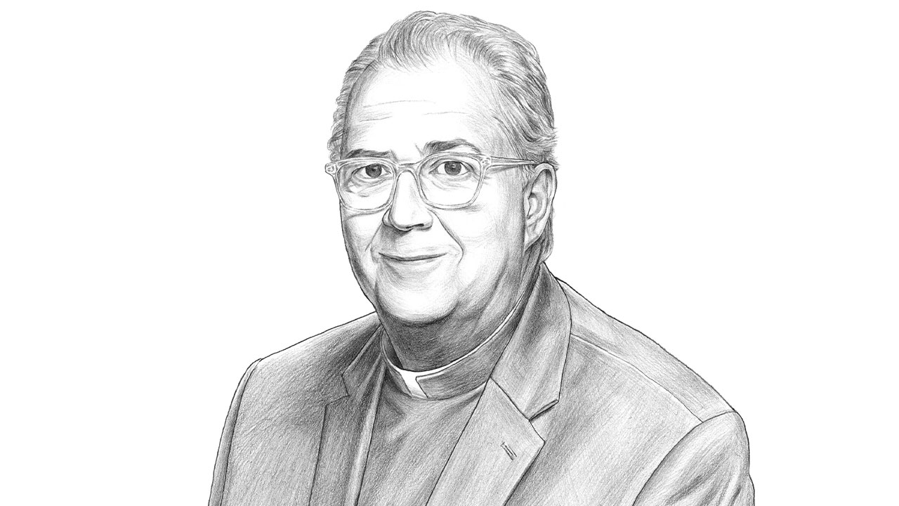 A black and white sketch of University President the Rev. Peter M. Donohue