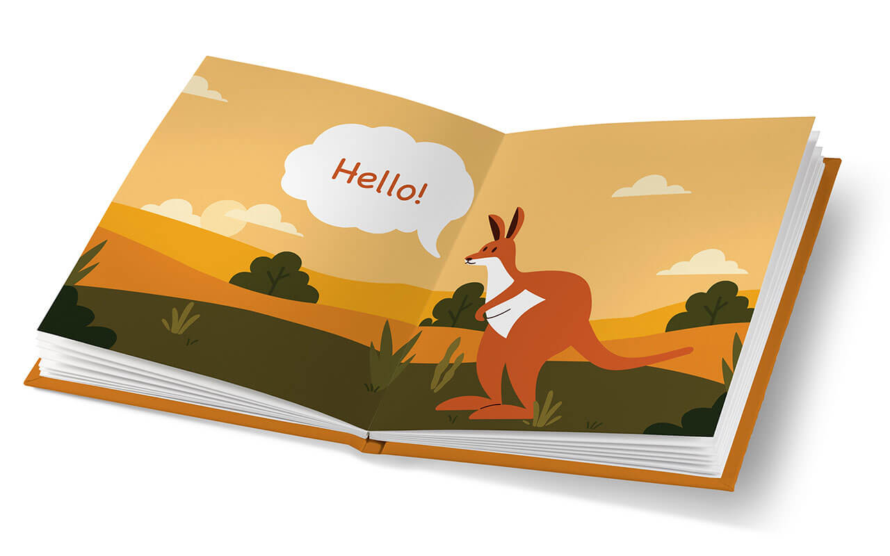 Illustration of a children’s storybook scene featuring a kangaroo in the Australian Outback saying hello, with desert landscape in the background.