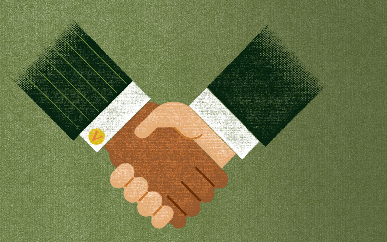 llustration of two hands shaking, with one wrist subtly adorned by a cuff link featuring a “V” for Villanova.