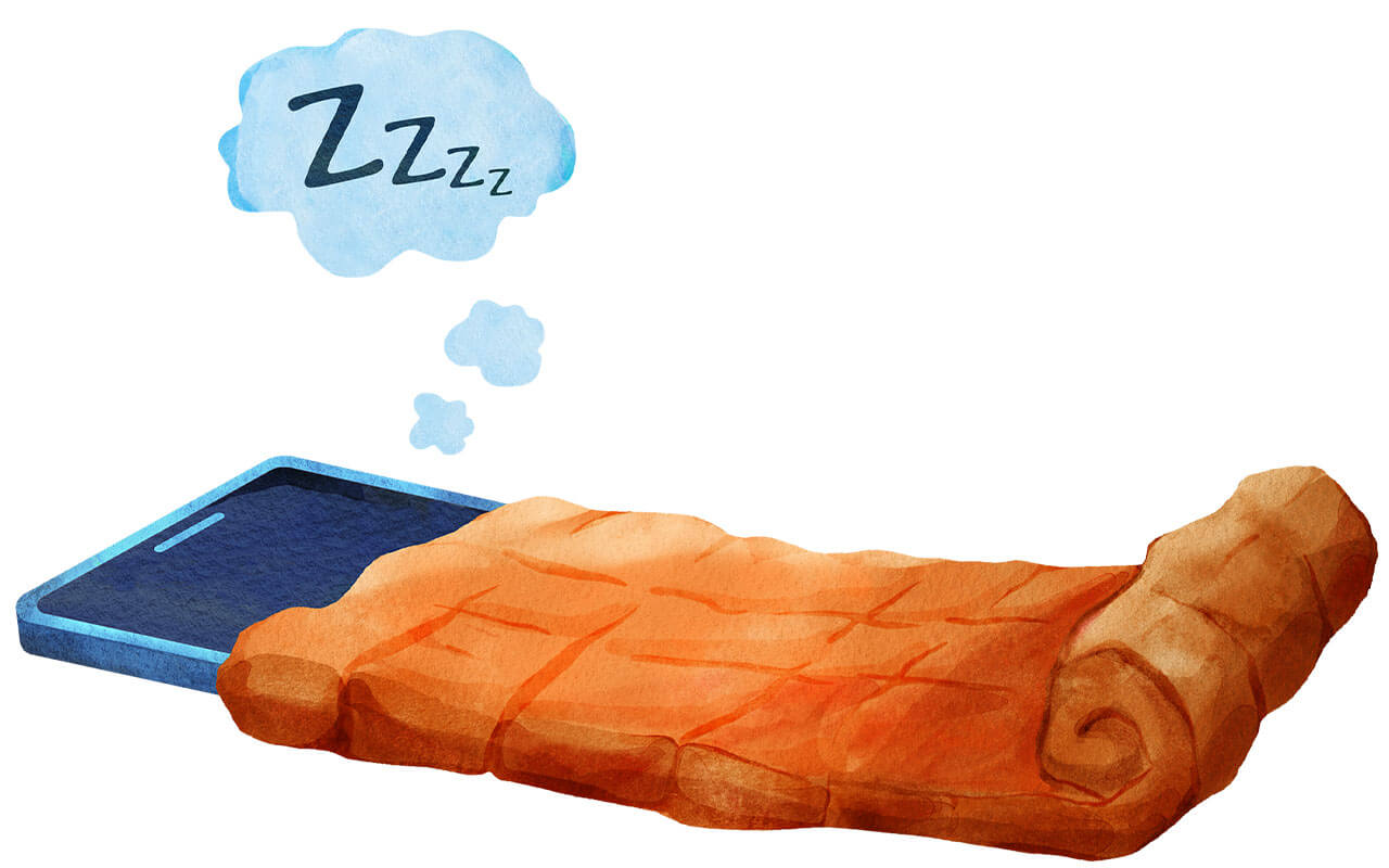Illustration of a cell phone tucked into an orange sleeping bag with ZZZs above it, symbolizing digital downtime.