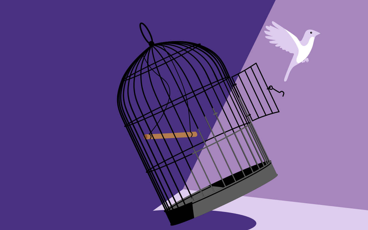 Illustration of a bird flying out of an open birdcage, symbolizing freedom and release.