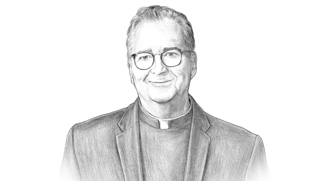 black and white sketch of University President the Rev. Peter M. Donohue