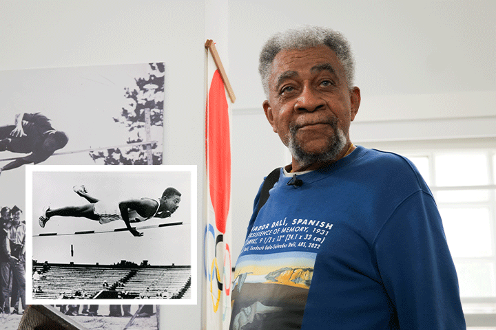 Olympian Philip Reavis photographed in his 80s and as a high jumper in the 1950s