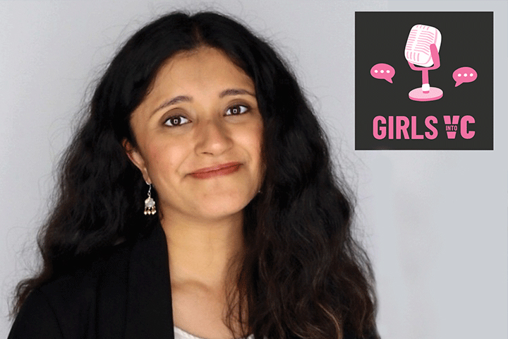 Headshot of Kritika Jain with Girls Into VC podcast logo