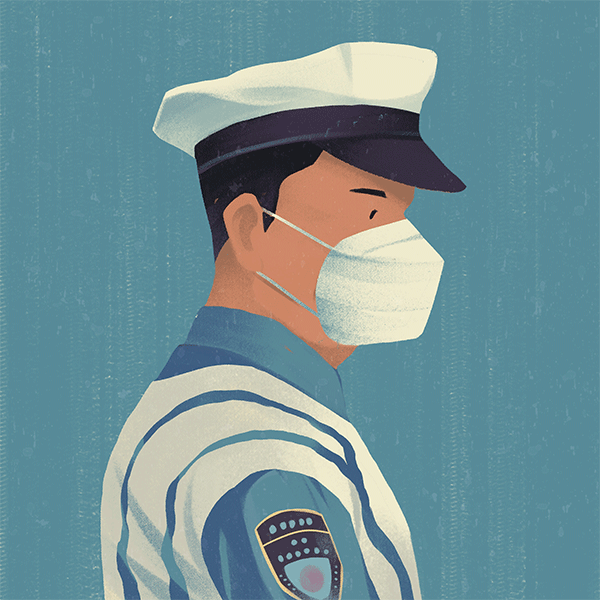 Illustration of a male police officer wearing a face mask