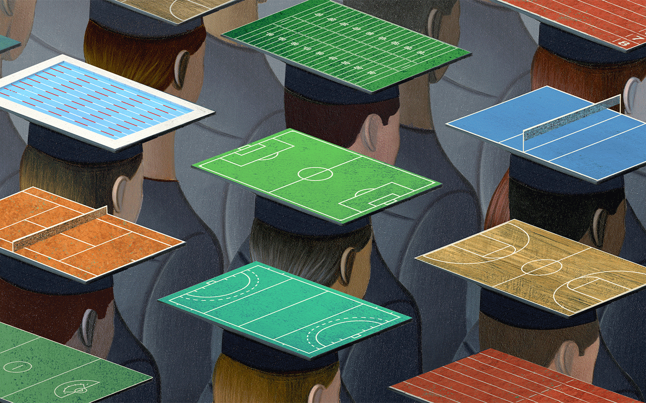 The tops of graduation caps represent a variety of sport courts and fields