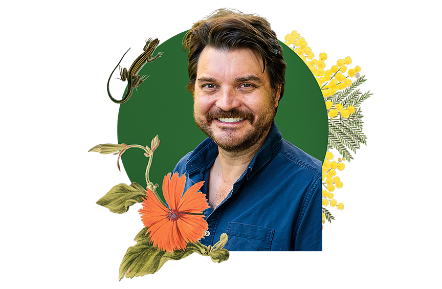 Portrait of Ed Stanley against a green background with illustrated flowers and a lizard.