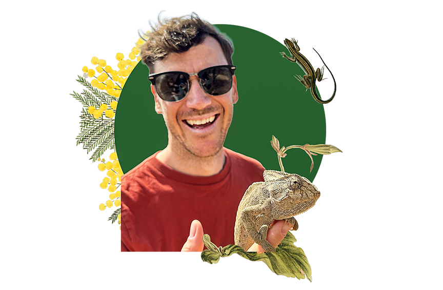 Portrait of Ian Brennan smiling while holding a lizard, set against a green background with illustrated plants.