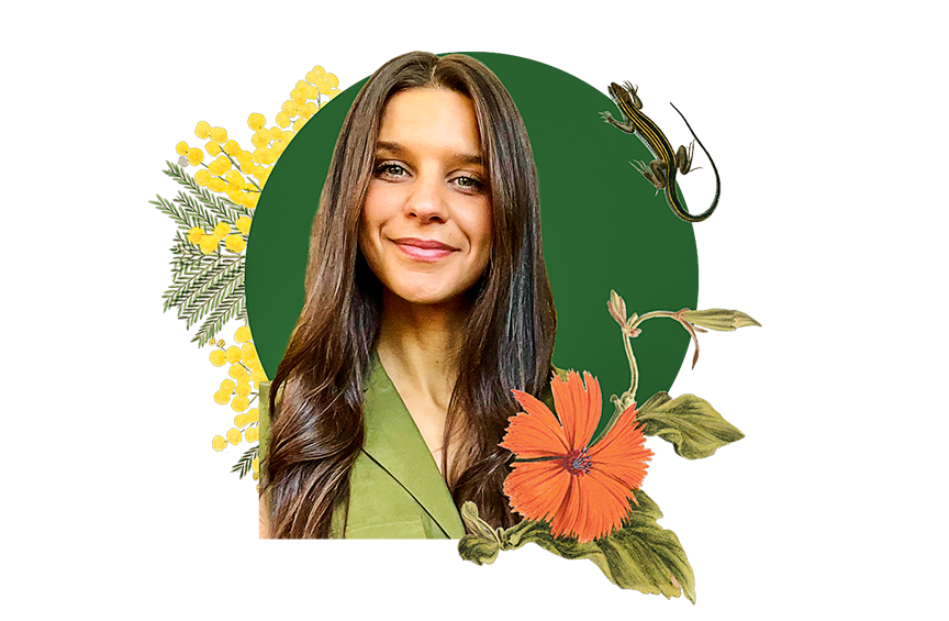 Portrait of Arianna Kuhn against a green background with illustrated flowers and a lizard.