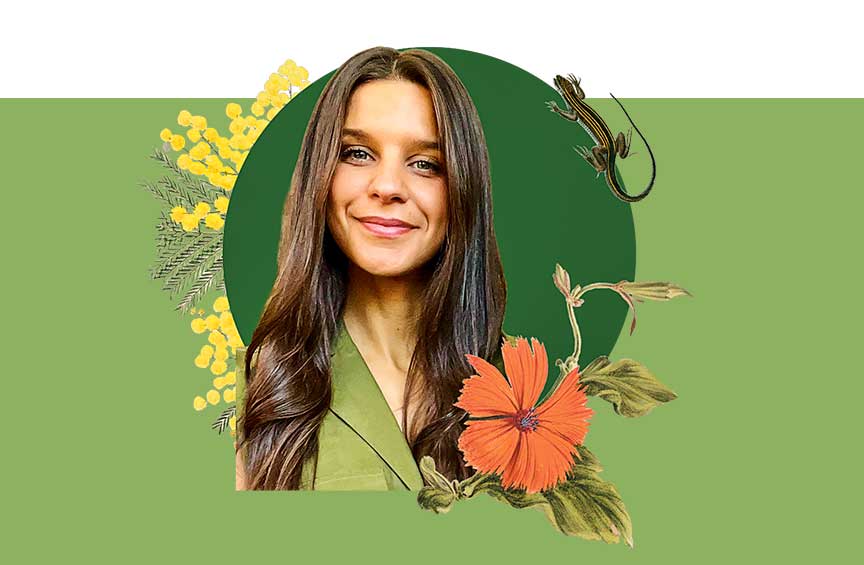 Portrait of Arianna Kuhn against a green background with illustrated flowers and a lizard.