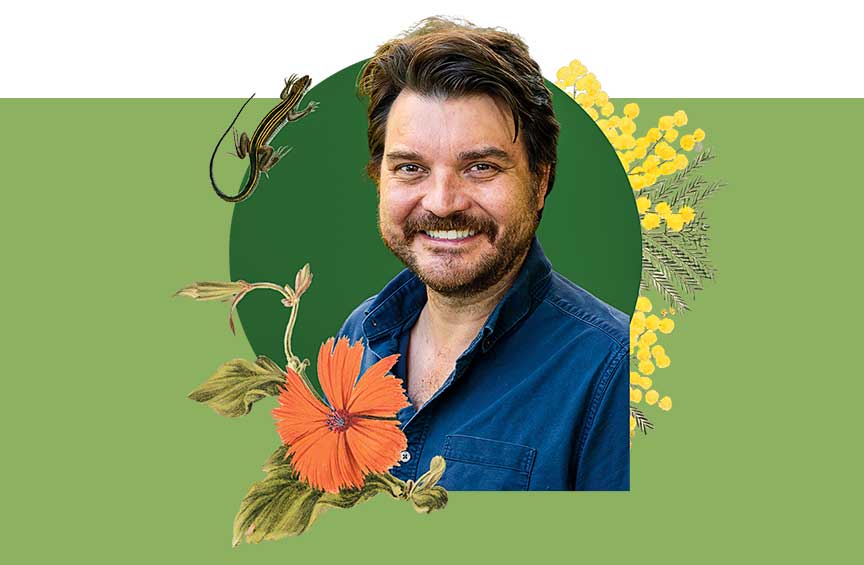 Portrait of Ed Stanley against a green background with illustrated flowers and a lizard.