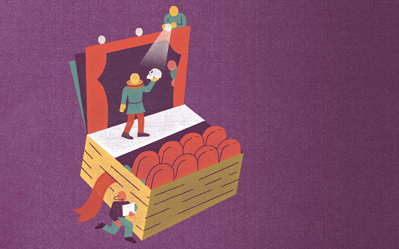 An illustration shows a small theater stage emerging from an open book, with a performer holding a skull under stage lights and rows of audience seats below.