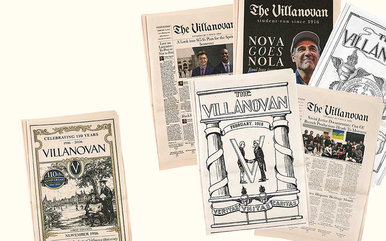 A collection of past and present Villanovan student newspaper front pages displayed together.