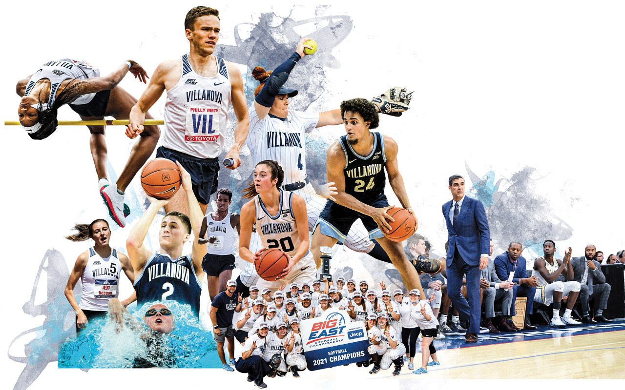 A female student in an Eagles wool cap and Wildcats shirt sits atop a mountain in hiking boots overlooking a scenic view